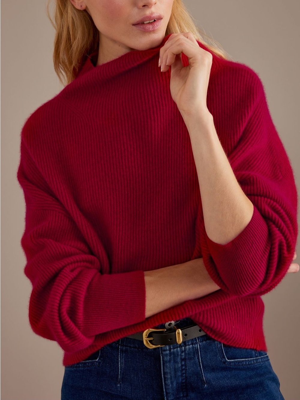 Pilcro Cashmere Ribbed Sweater in Raspberry Red - Picture 2 of 7